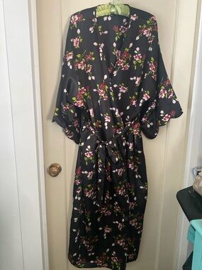 Black Floral Satin Robe with Pink Blossoms